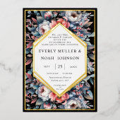 ブルーオープレンスアンドダスティーバラフローラ結婚金ゴールド 箔招待状 (正面)