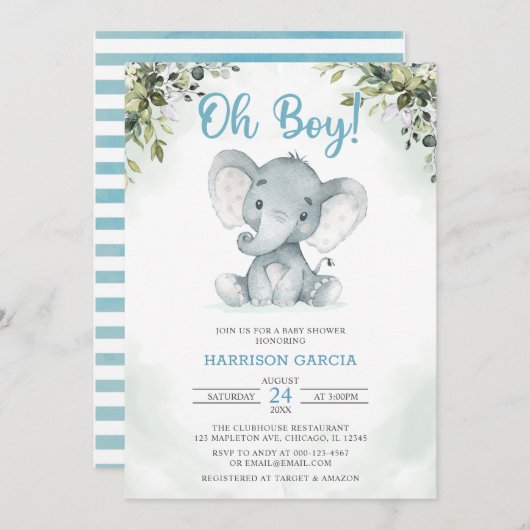 ブルーオーボーイキュートエレファントベビーシャワー招待状 招待状 (正面/裏面)