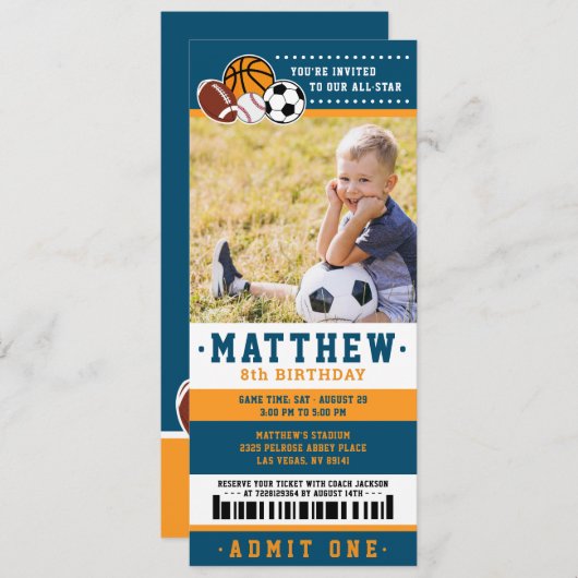 ブルーオールスタースポーツチケット誕生日パーティー写真 招待状 (正面/裏面)