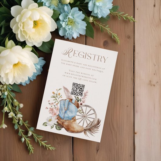 ブルーカウボイルブートQRコードレジストリ赤ちゃんシャワー エンクロージャーカード
