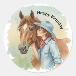 ブルーカウボーイが馬にキスをする 誕生日パーティー ラウンドシール