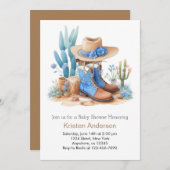 ブルーカウボーイブーツ水彩赤ちゃんシャワー 招待状 (正面/裏面)