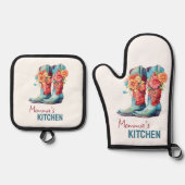 ブルーカウボーイブーツ&フラワーズ 鍋つかみ&鍋敷きセット (正面)