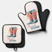 ブルーカウボーイブーツ&フラワーズ 鍋つかみ&鍋敷きセット (正面/裏面)