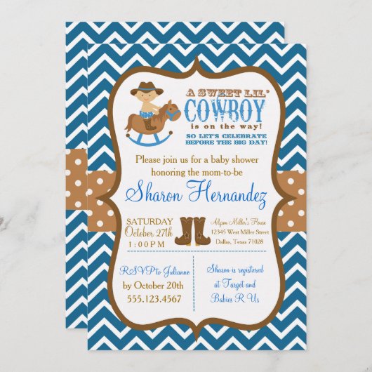 ブルーカウボーイ男の赤ちゃんシャワー招待状シェブロン 招待状 (正面/裏面)