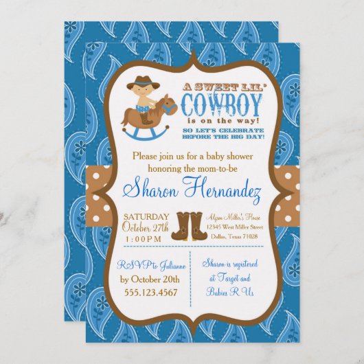 ブルーカウボーイ男の赤ちゃんシャワー招待状 招待状 (正面/裏面)