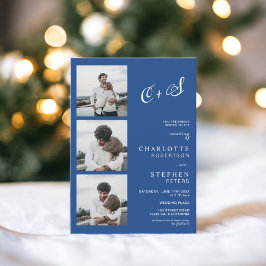 ブルーカジュアルミニマルイニシャル結婚写真 招待状