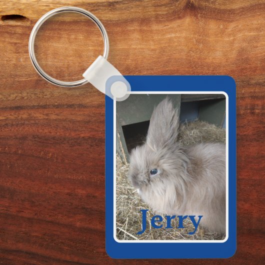 ブルーカスタムバニー写真とネーム記念 キーホルダー (正面)