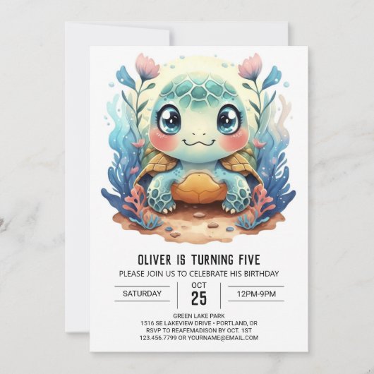 ブルーカスタム水中競技タートルボーイ誕生日 招待状 (正面)