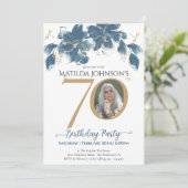 ブルーカスタム金ゴールドフォトフローラ70誕生日 招待状 (スタンド正面)