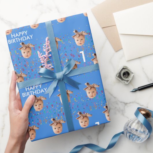 ブルーカスタム顔フォトキッズ1st誕生日パーティー ラッピングペーパー (ギフト)