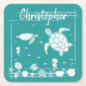 ブルーカッコいいウミガメカスタムズ スクエアペーパーコースター (正面)