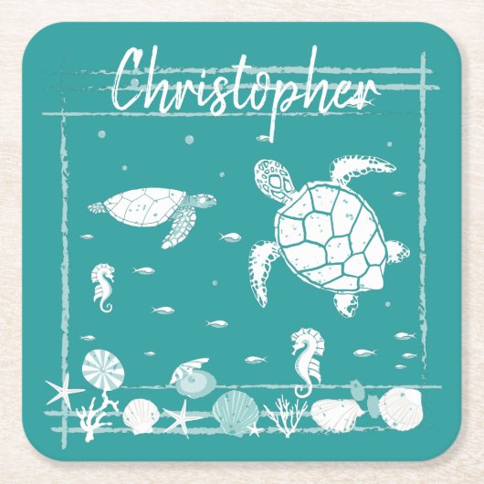 ブルーカッコいいウミガメカスタムズ スクエアペーパーコースター (正面)