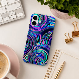 ブルーカッコいいターコイズパープルピンクのスパイラルアートパターン iPhone 16 PLUSケース
