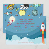 ブルーカッコいいレッド宇宙船テイクオフバースデーパーティー 招待状 (正面/裏面)