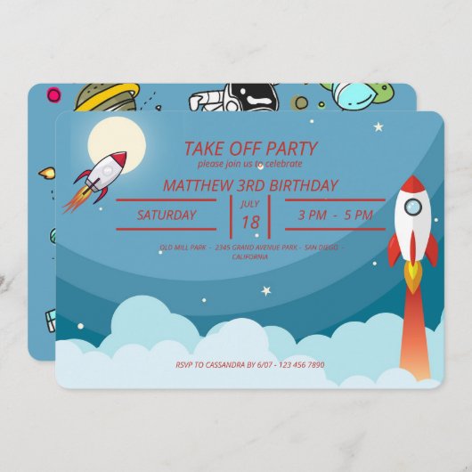 ブルーカッコいいレッド宇宙船テイクオフバースデーパーティー 招待状 (正面/裏面)