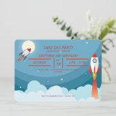 ブルーカッコいいレッド宇宙船テイクオフバースデーパーティー 招待状 (スタンド正面)