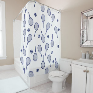 ブルーカッコいいレトロのラケットパターンテニス選手  シャワーカーテン