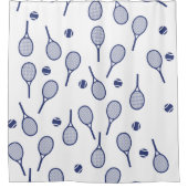 ブルーカッコいいレトロラケット模様テニス選手 シャワーカーテン (正面)