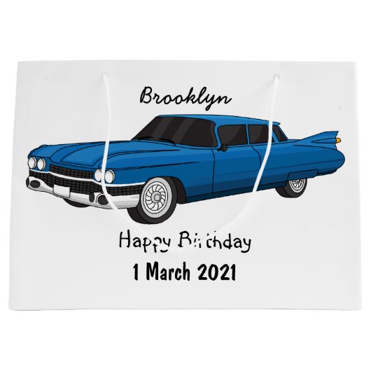 ブルーカッコいい1959クラシック車 ラージペーパーバッグ (正面)