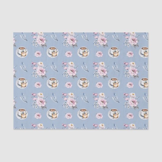 ブルーカップのお茶とピンクの花 薄葉紙 (正面)