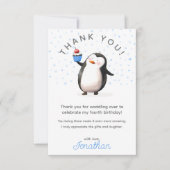 ブルーカップケーキペンギンお祝い少年の誕生日 サンキューカード (正面)
