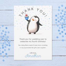 ブルーカップケーキペンギンお祝い少年の誕生日 サンキューカード