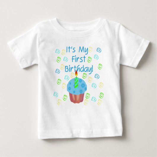 ブルーカップケーキ1st誕生日 ベビーTシャツ (正面)