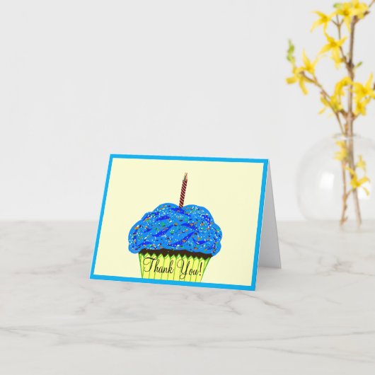 ブルーカップケーキ 風船 誕生日 お礼 カード (黄色い花)