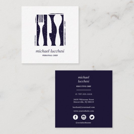 ブルーカトラリーシェフケータリングレストランソーシャルメディア スクエア名刺 (正面/裏面)