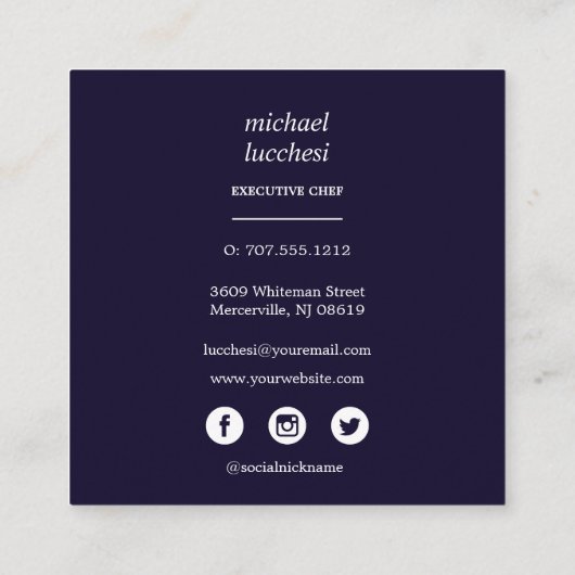 ブルーカトラリーシェフケータリングレストランソーシャルメディア スクエア名刺 (裏面)