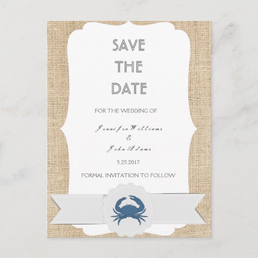 ブルーカニの目的地の結婚式の日付カードを保存 案内ポストカード (正面)