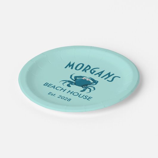 ブルーカニビーチハウスパーソナライズされた紙プレート ペーパープレート (アングル)