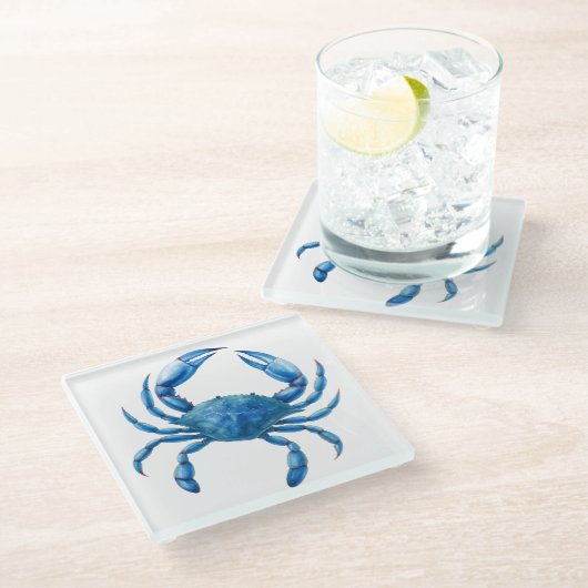 ブルーカニ水彩イラストレーション-海シーライフ ガラスコースター (アングル)