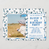 ブルーカニ海獣シェルボーイフォト誕生日 招待状 (正面/裏面)