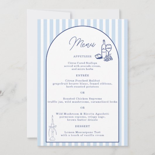 ブルーカバナストライプのミニマリスト結婚式メニューカード 招待状 (正面)
