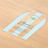 ブルーカバナストライプビーチパーム誕生日アーチ アクリル招待状 (レイダウン)