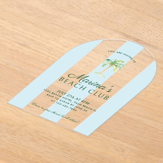 ブルーカバナストライプビーチパーム誕生日アーチ アクリル招待状 (レイダウン)