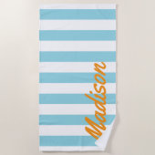 ブルーカバナストライプレトロモノグラム ビーチタオル (正面)