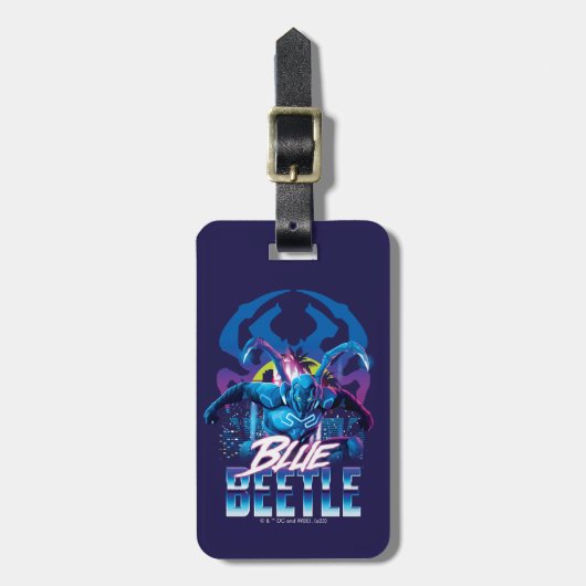 ブルーカブトムシのレトロウェーブシティサンセット ラゲッジタグ (正面縦)