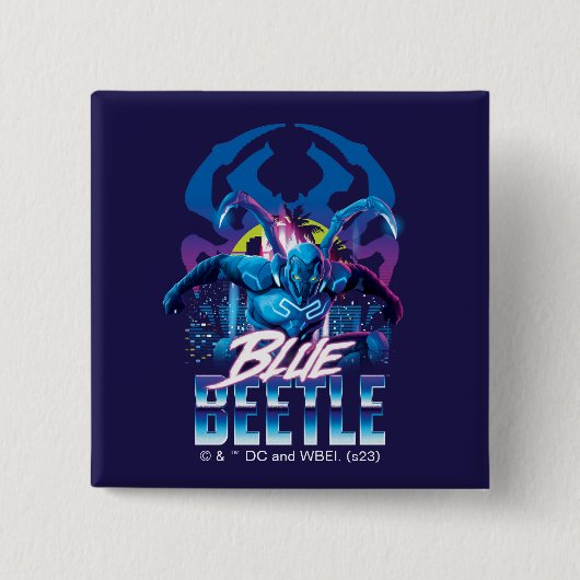 ブルーカブトムシのレトロウェーブシティサンセット 缶バッジ (正面)