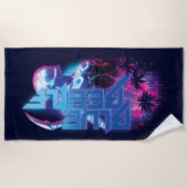 ブルーカブトムシのレトロウェーブシティライト ビーチタオル (正面)