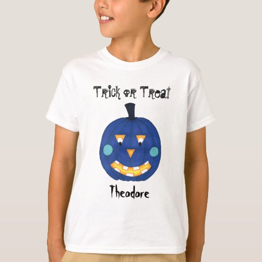 ブルーカボチャハロウィーンのカボチャのちょうちんトリックアンドトリートネーム Tシャツ (正面)