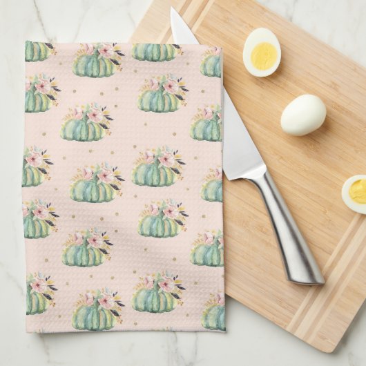 ブルーカボチャフローラ秋水彩エレガント秋 キッチンタオル (四つ折り)