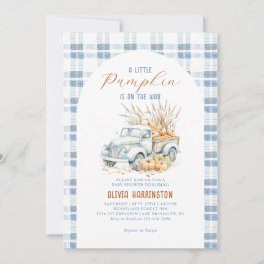 ブルーカボチャ小さなトラック男の子の赤ちゃんシャワー 招待状 (正面)