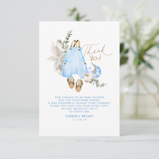 ブルーカボチャ赤ちゃんシャワー少しありがとうありがとう サンキューカード (スタンド正面)