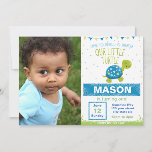 ブルーカメ誕生日招待状と写真 招待状 (正面)