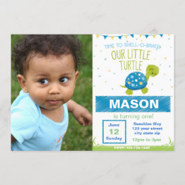 ブルーカメ誕生日招待状と写真 招待状