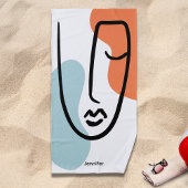 ブルーカラフルオレンジ抽象芸術ラインアート名前をカスタムする ビーチタオル