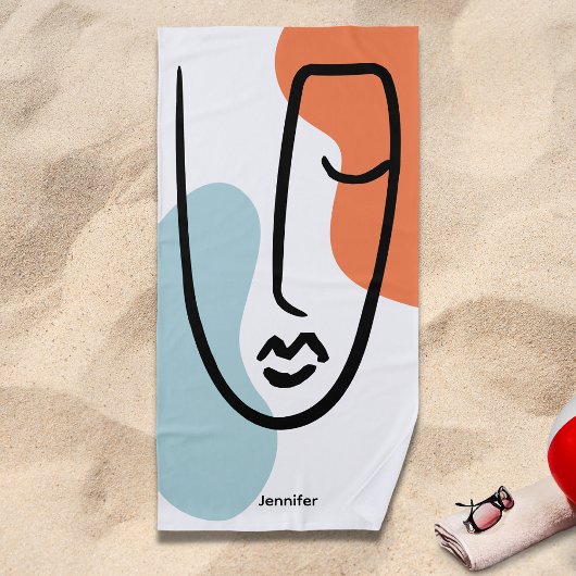 ブルーカラフルオレンジ抽象芸術ラインアート名前をカスタムする ビーチタオル